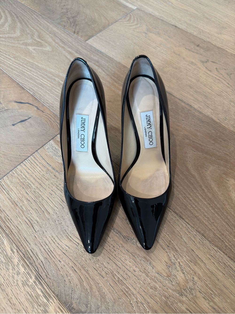 Jimmy Choo Black Patent Pointed-Toe Pumps with Classic Silhouette 37.5